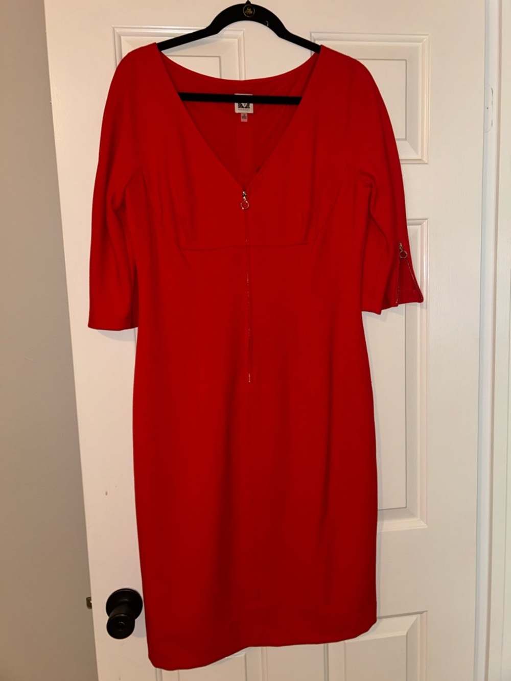 Anne Klein Red V-Neck Zip-Front Midi Dress